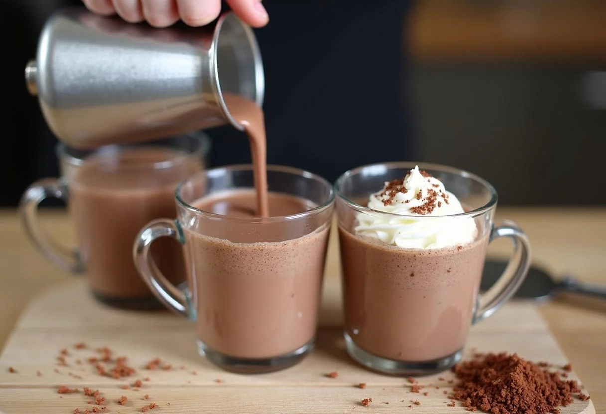 Pouring hot chocolate a la taza thermomix into cups for serving.