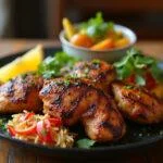 Delicious churrasco de pollo served with sides, perfect for a barbecue gathering.