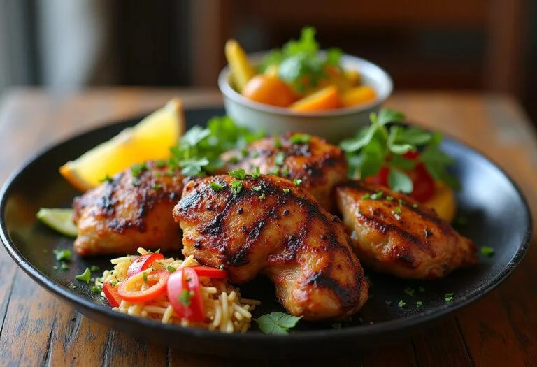 Delicious churrasco de pollo served with sides, perfect for a barbecue gathering.