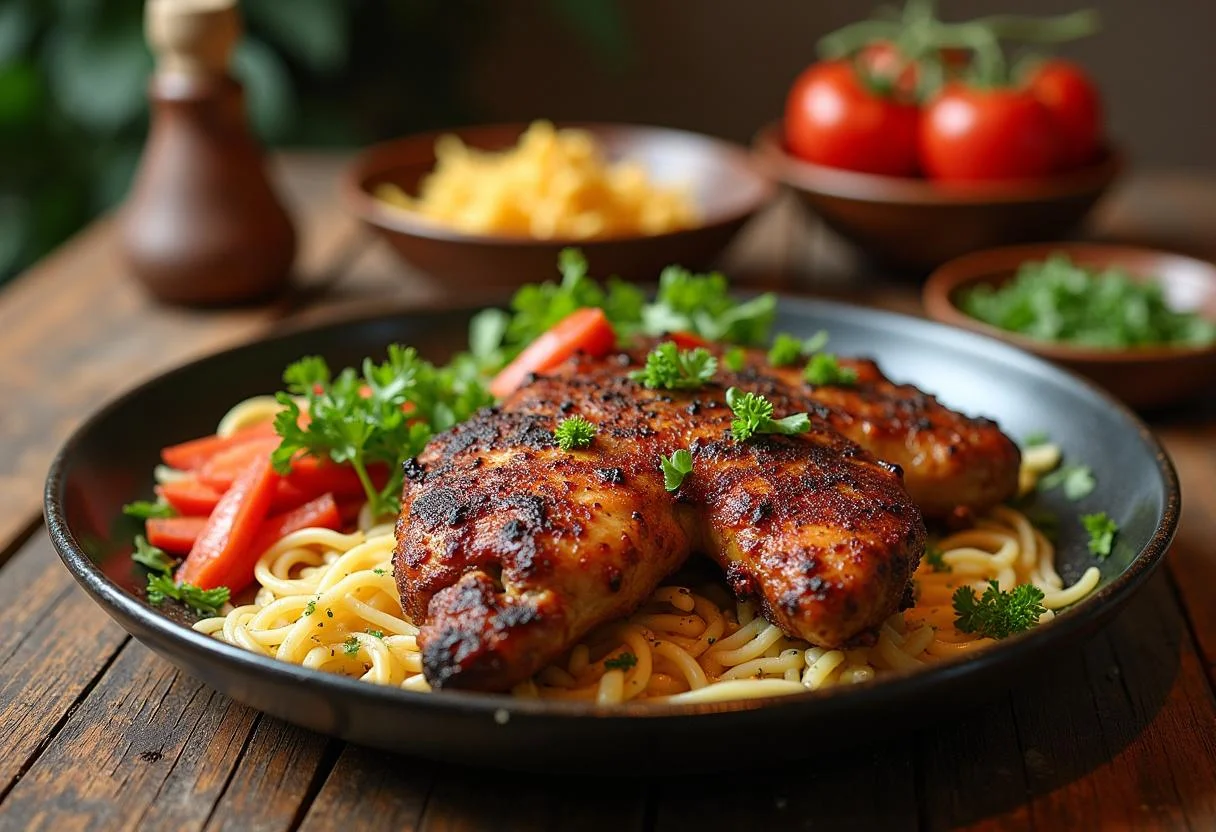 Delicioso churrasco de pollo servido con acompañamientos, perfecto para una reunión de barbacoa.