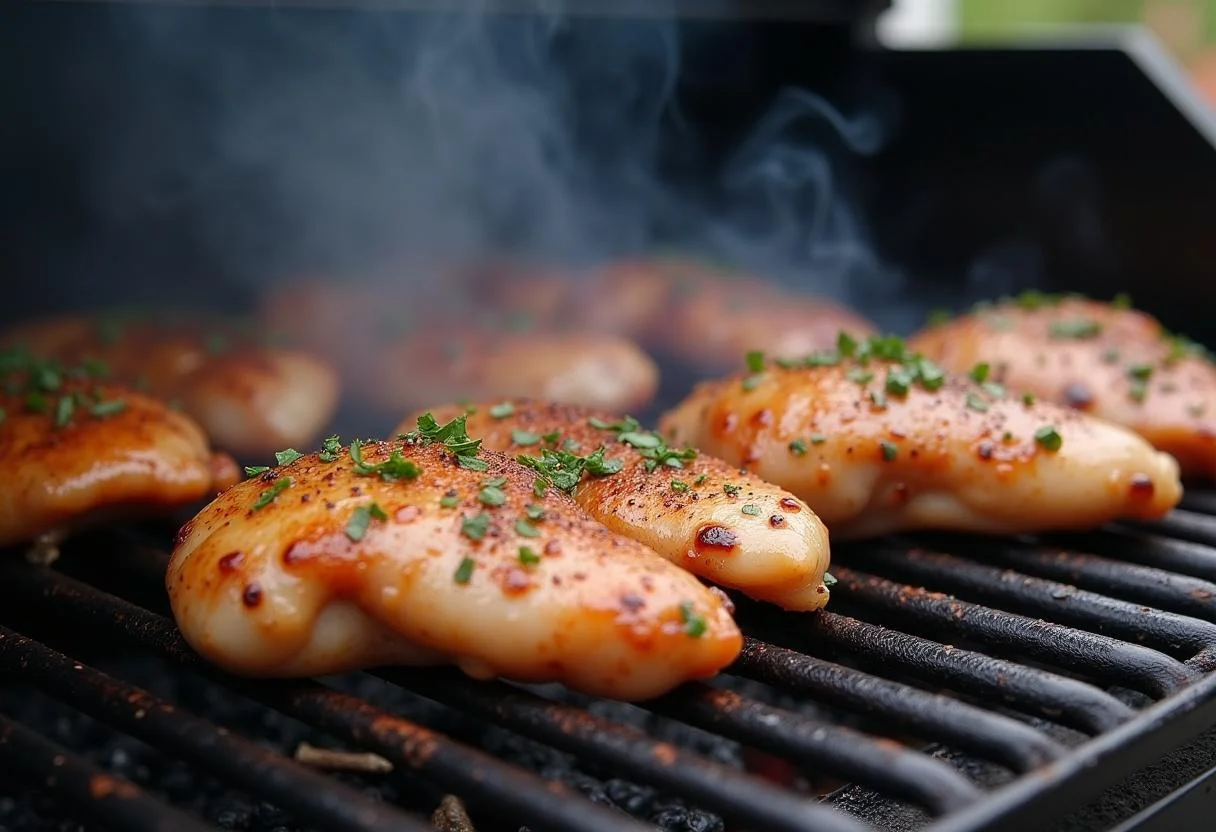 Pechugas de pollo marinadas en una rejilla de parrilla para la preparación del churrasco de pollo.