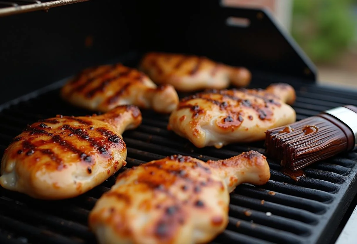 Pollo chispeante en la parrilla para churrascos de pollo, con un aromático marinado para darle sabor.