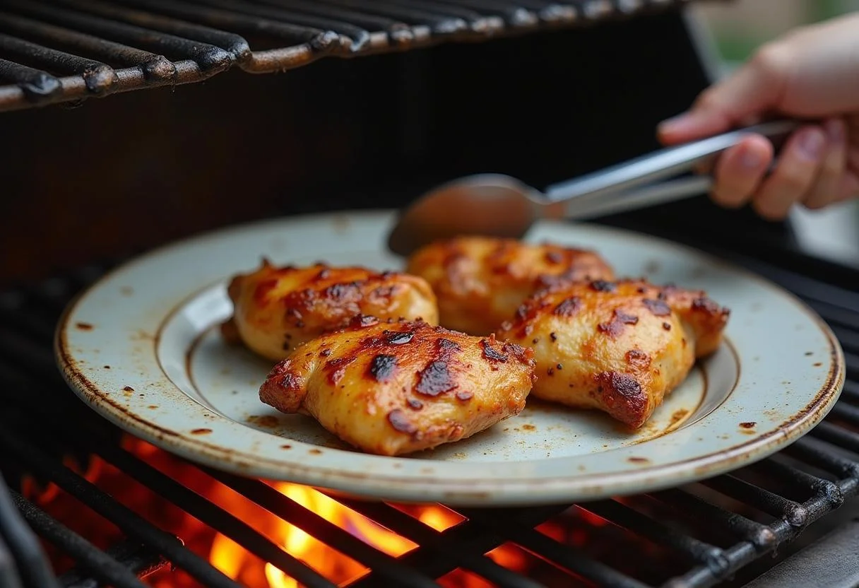 Pollo a la parrilla siendo retirado de la parrilla para el plato de churrasco de pollo.
