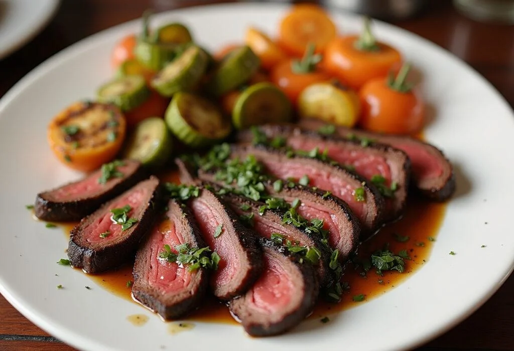 Porción de churrasco de ternera con chimichurri y verduras asadas, lista para disfrutar.