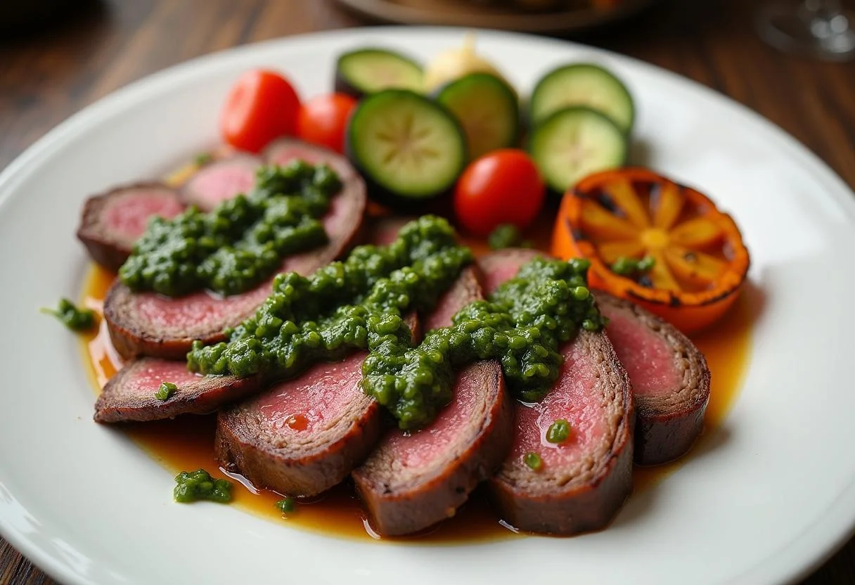 Porción de churrasco de ternera con chimichurri y verduras asadas, lista para disfrutar.