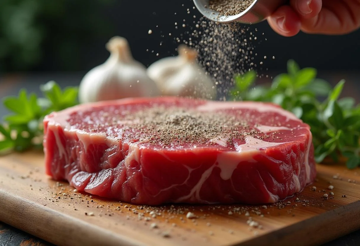 Preparando churrasco de ternera con sal y pimienta en una tabla de cortar.