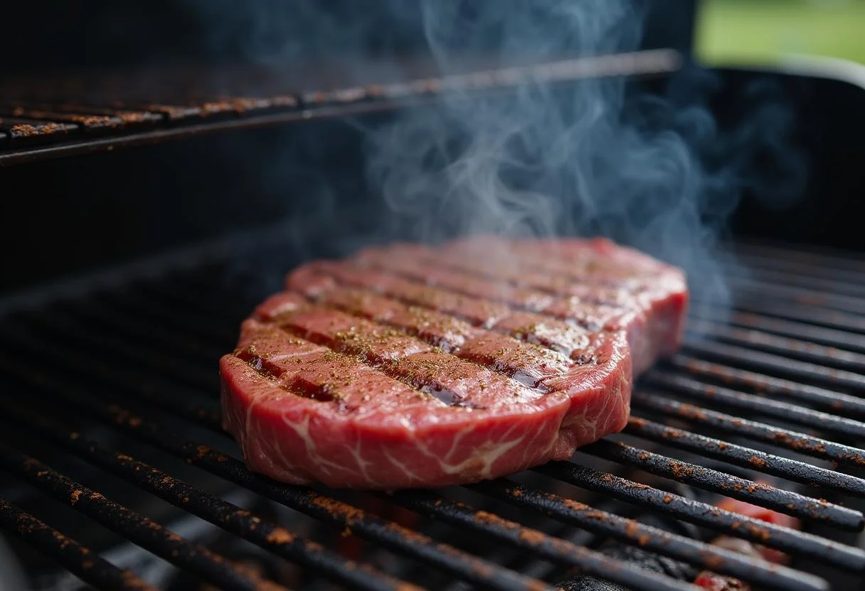 Churrasco de ternera siendo cocinado a la parrilla con marcas de la parrilla visibles.