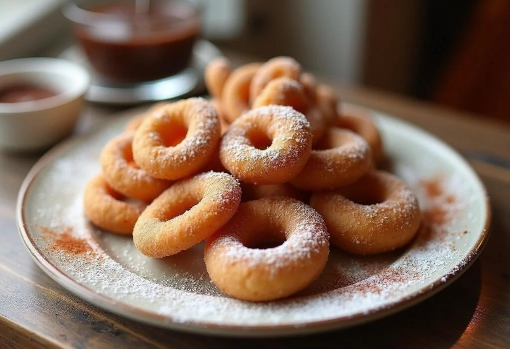 Delicious freshly made churro porras dusted with sugar and cinnamon, served with chocolate sauce for dipping.
