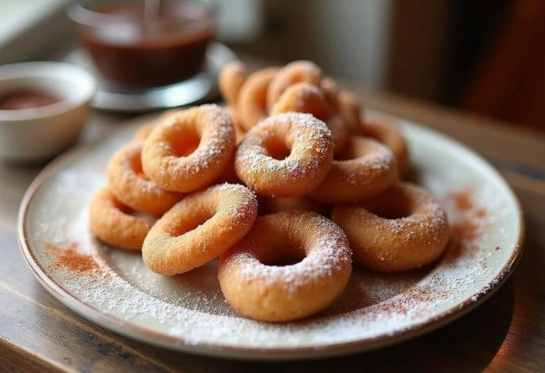 Delicious freshly made churro porras dusted with sugar and cinnamon, served with chocolate sauce for dipping.