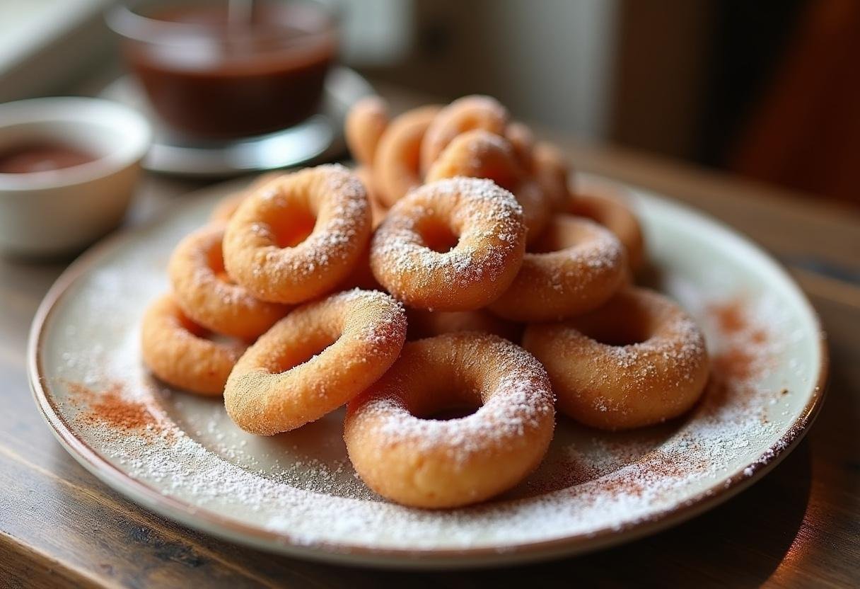 Delicious freshly made churro porras dusted with sugar and cinnamon, served with chocolate sauce for dipping.