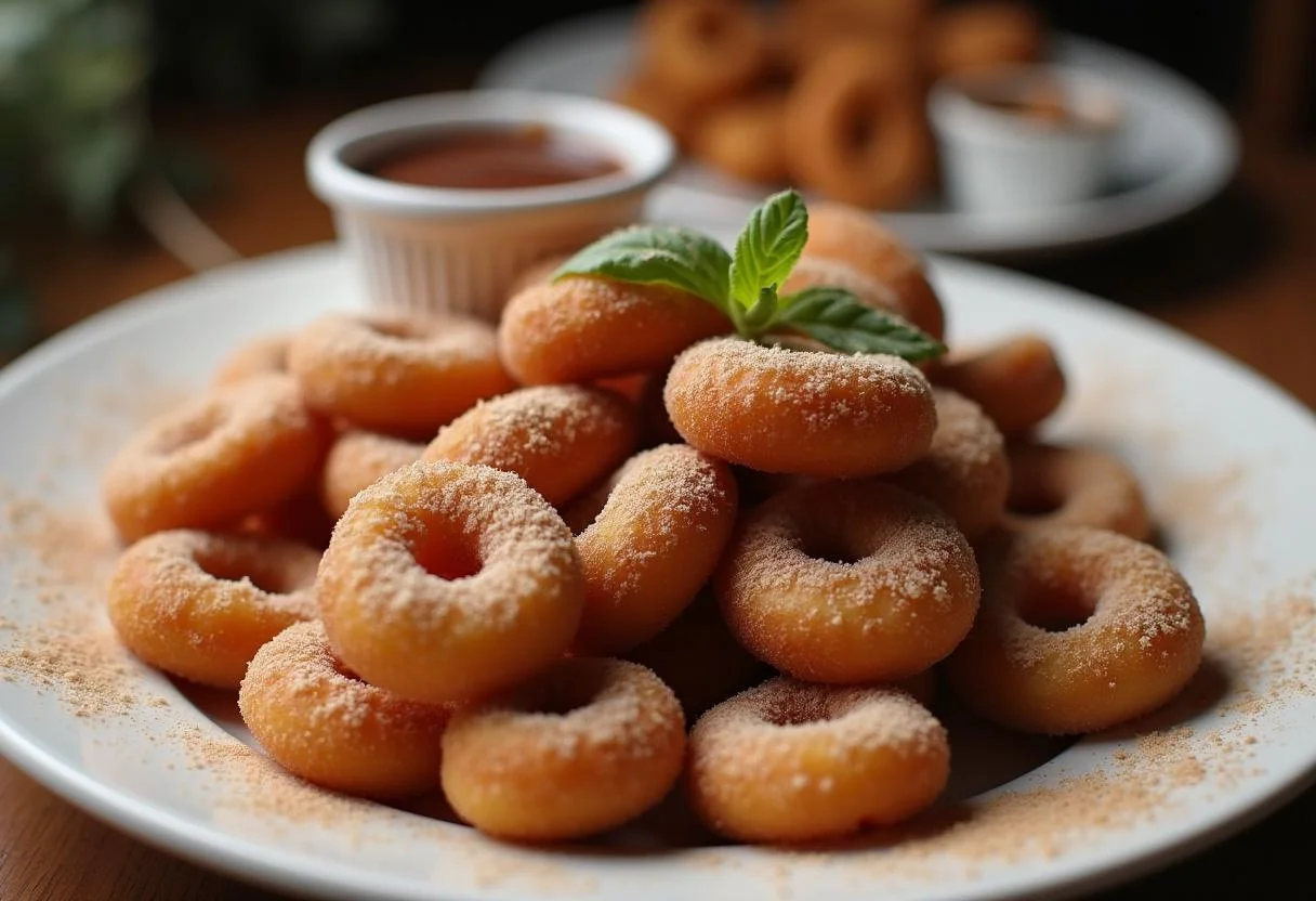 Deliciosos churros porras recién hechos, espolvoreados con azúcar y canela, servidos con salsa de chocolate para mojar.