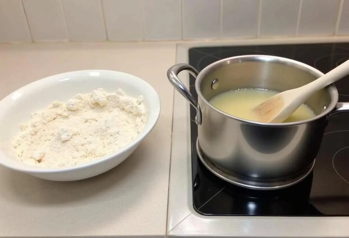 Ingredientes para la masa del churro porra incluyendo harina, agua, azúcar y sal sobre una encimera de cocina.