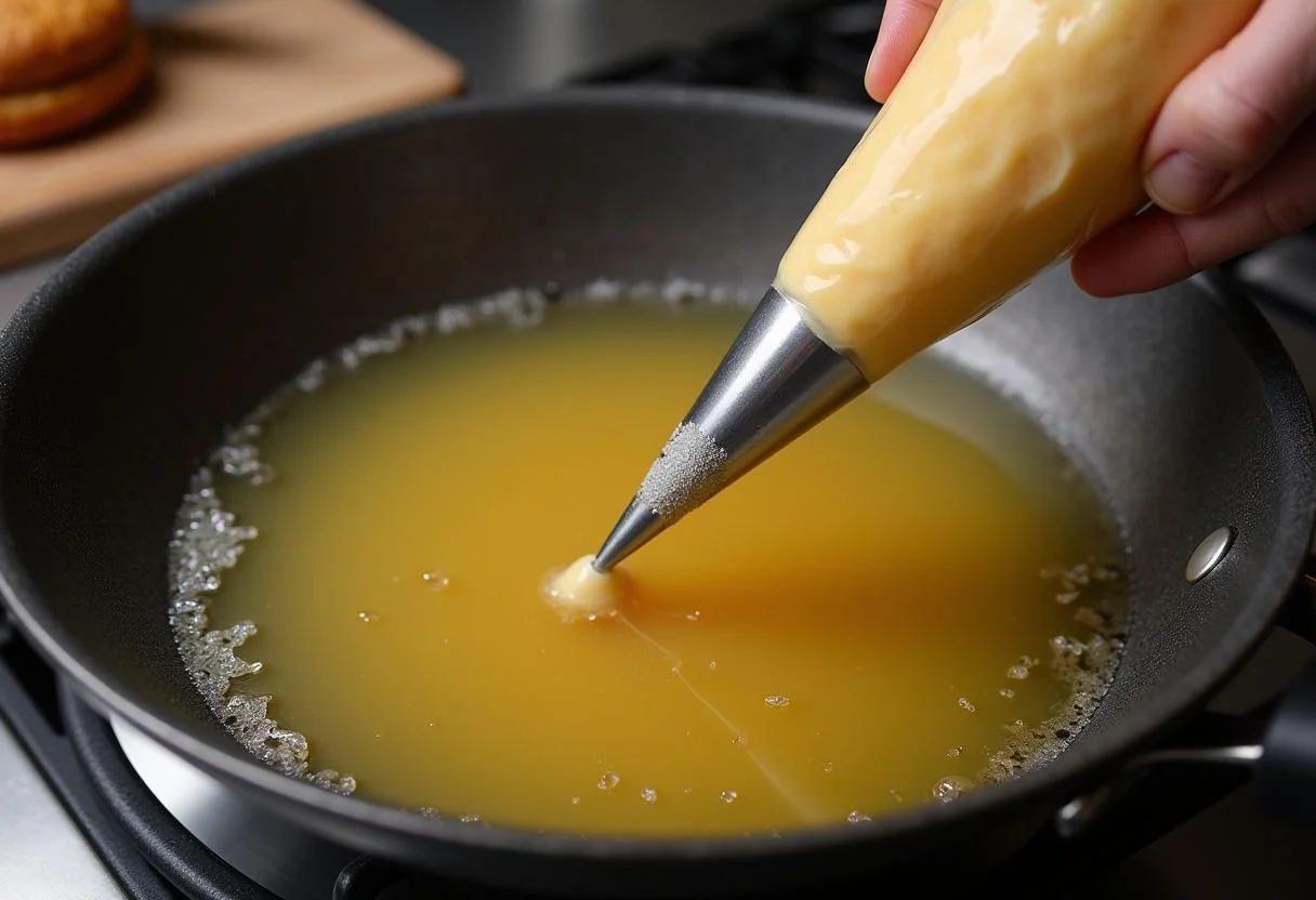 Preparándose para introducir la masa del churro porra en aceite caliente para freír los churros tradicionales.