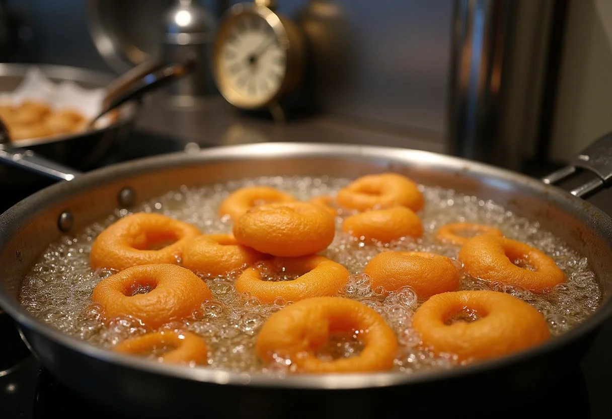 Friendo churros porras hasta dorarlos, capturando el proceso auténtico de cocción.