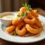 Plated churros de pescado presented with dipping sauce, an exquisite savory dish.