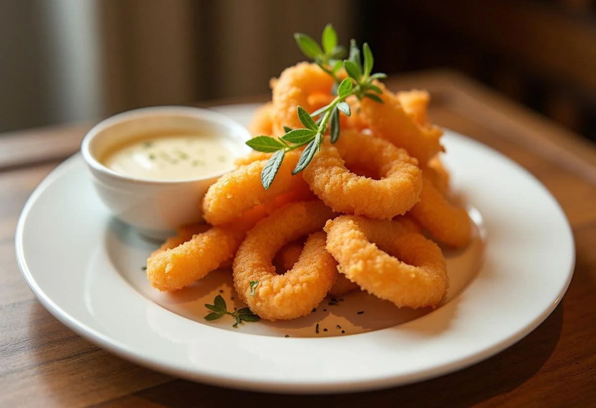 Plated churros de pescado presented with dipping sauce, an exquisite savory dish.