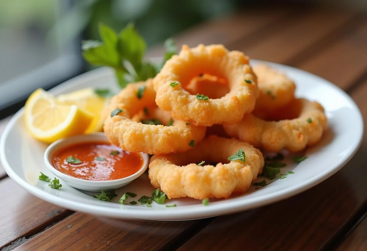 Churros de pescado emplatados y presentados con salsa para mojar, un exquisito plato salado.
