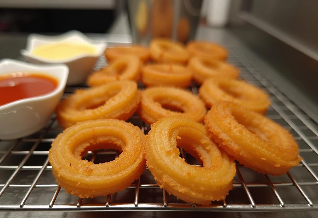 Churros de pescado fritos enfriándose en una rejilla con salsa para mojar, listos para disfrutar.
