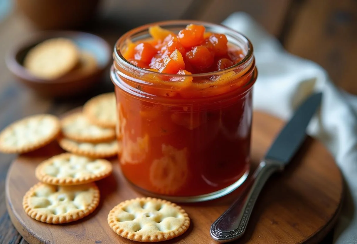 Chutney de tomate casero en un frasco, listo para ser degustado con galletas.