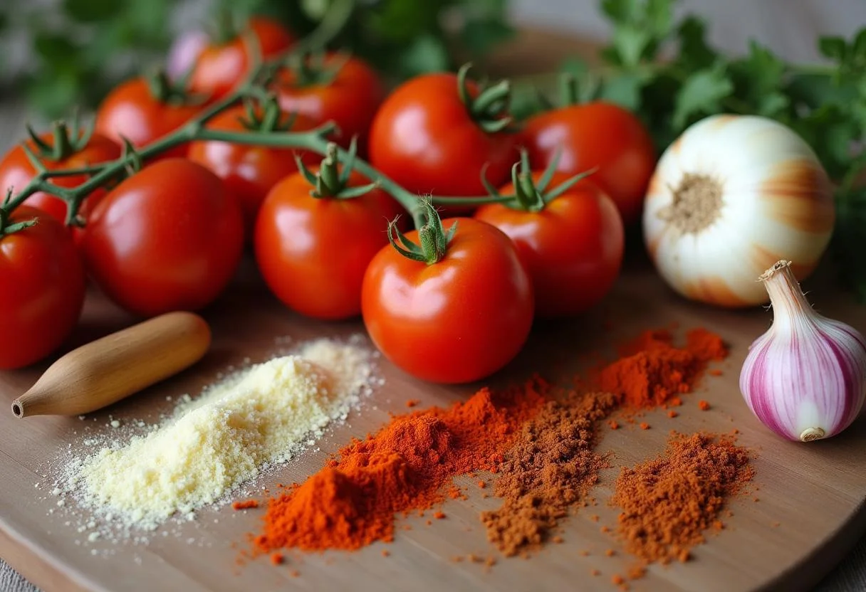 Ingredientes frescos como tomates, cebollas y especias para preparar chutney de tomate casero.