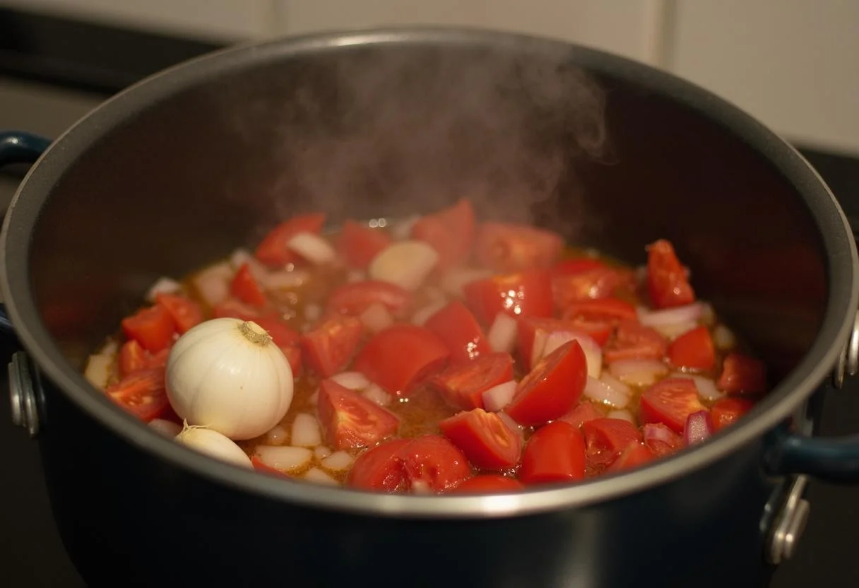 Tomates, cebollas y ajo cociendo a fuego lento en una olla para chutney de tomate casero.