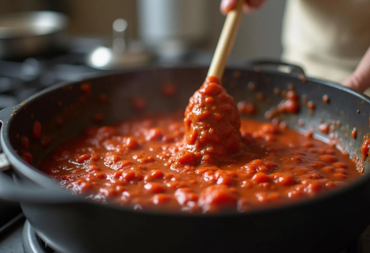 Mezcla de salsa de tomate siendo removida en una olla para chutney de tomate casero.