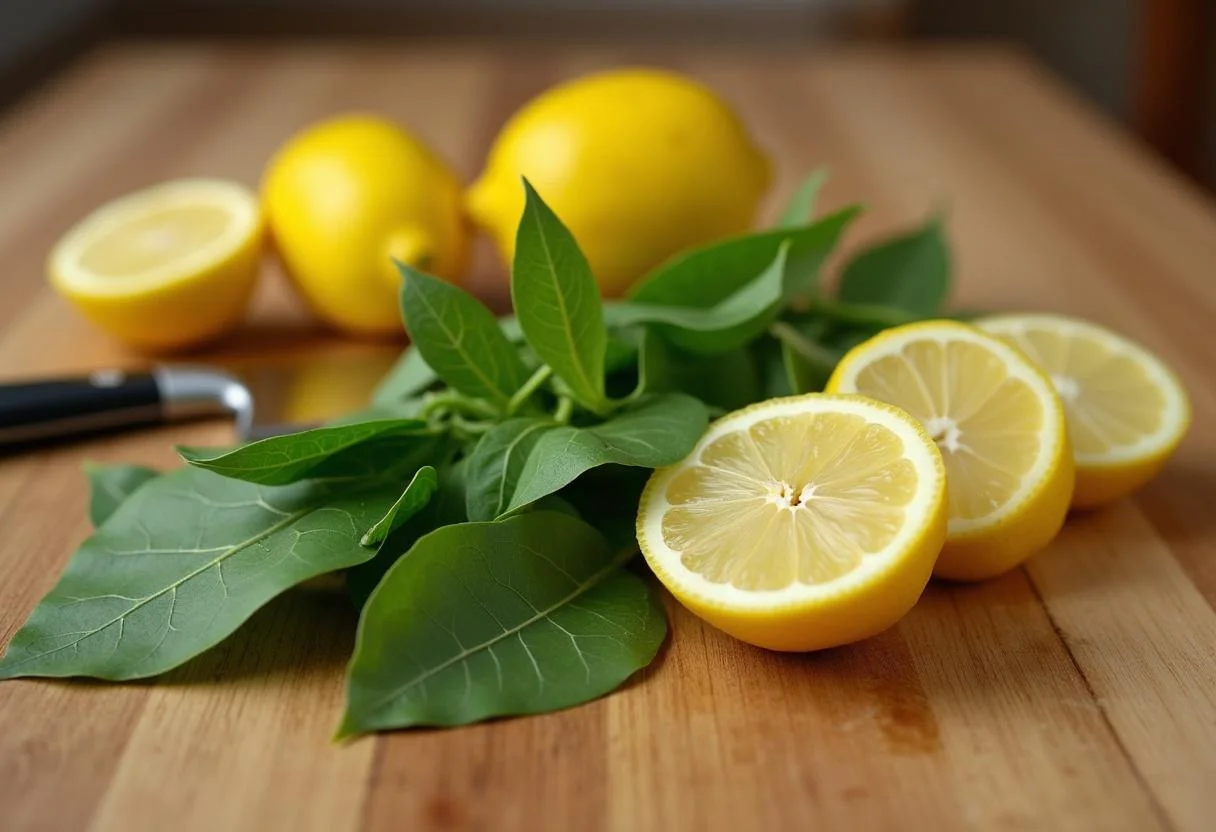 Hojas frescas de ciprés y limones listos para ser utilizados para ciprés limón aroma.