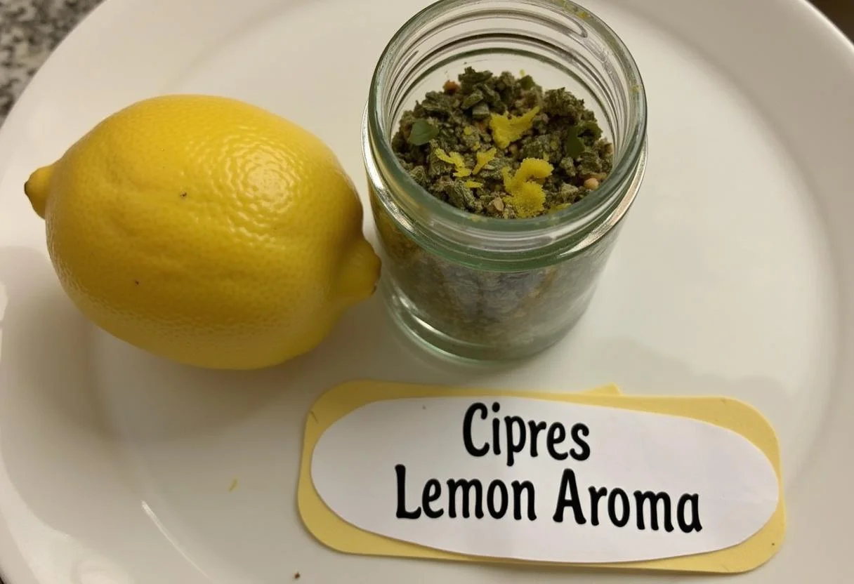 Ingredientes para ciprés limón aroma, incluyendo hojas de ciprés y ralladura de limón en un frasco.