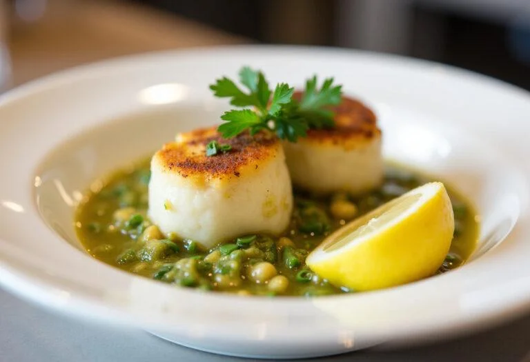 Plated cocochas de bacalao in salsa verde, garnished and ready to enjoy.