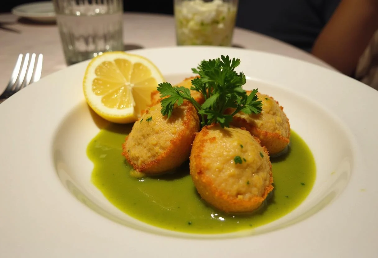Plated cocochas de bacalao in salsa verde, garnished and ready to enjoy.