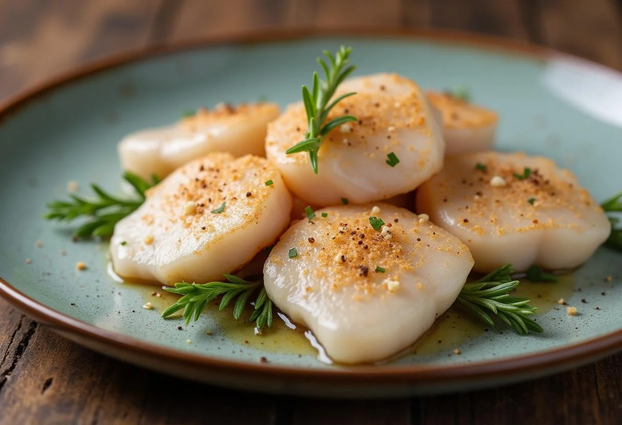 Cocochas de bacalao fresh on a plate, ready for cooking in cocochas de bacalao al pil pil.