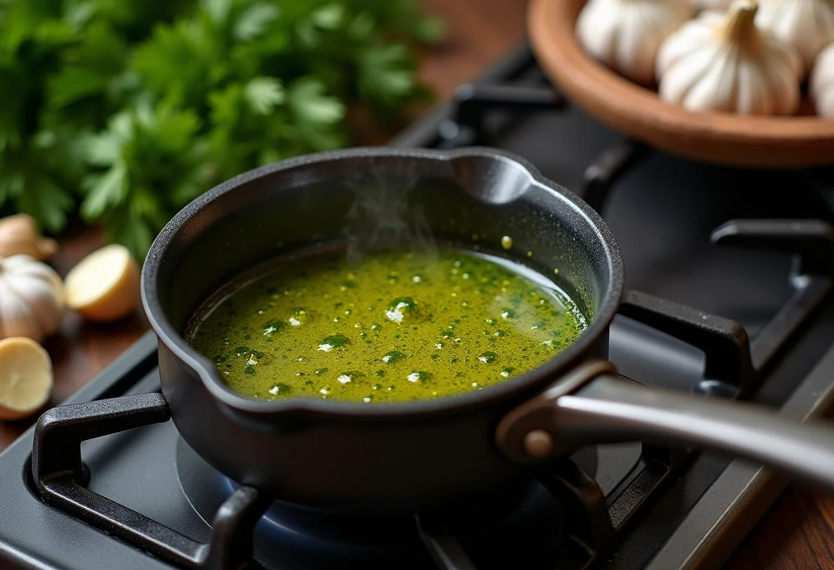 Heating olive oil with garlic and parsley for cocochas de bacalao al pil pil recipe.