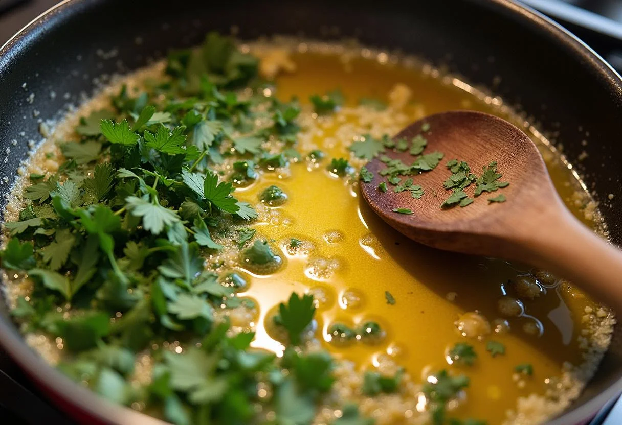 Garlic and parsley being cooked in olive oil for cocochas de bacalao salsa verde.