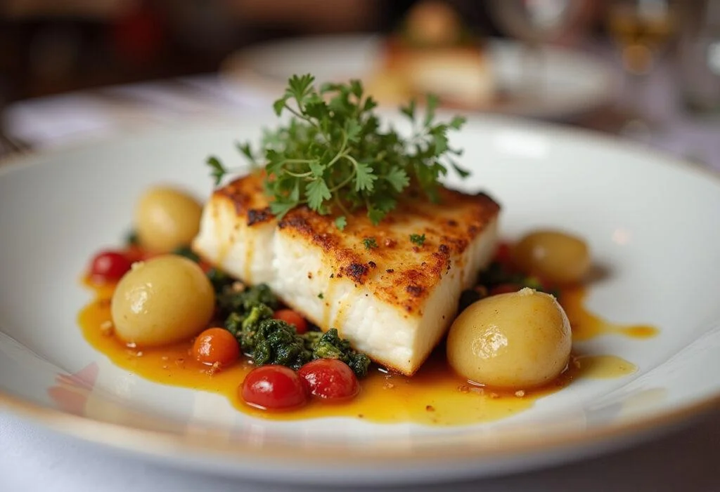 Bacalao desalado cocido presentado con guarnición, ideal para disfrutar de una comida deliciosa.