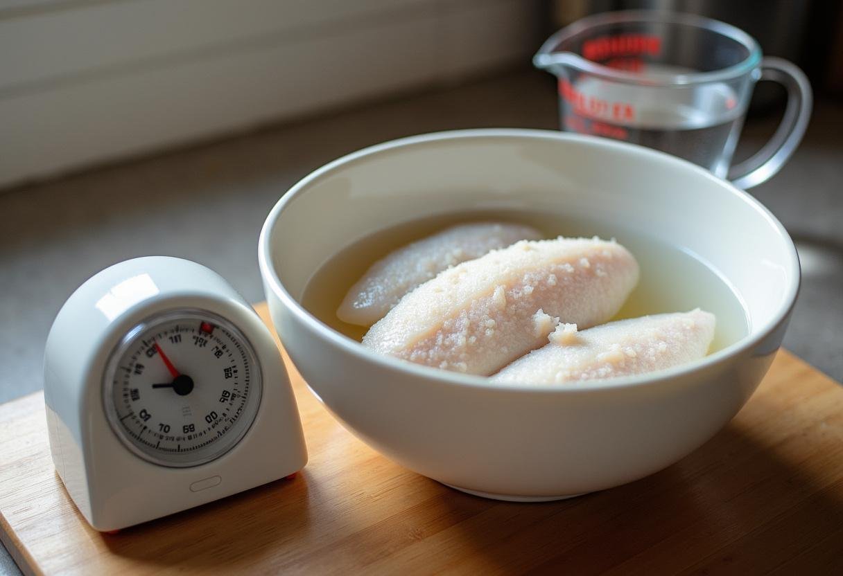 Proceso de desalar bacalao en agua fría por 24 horas para obtener bacalao desalado adecuado.