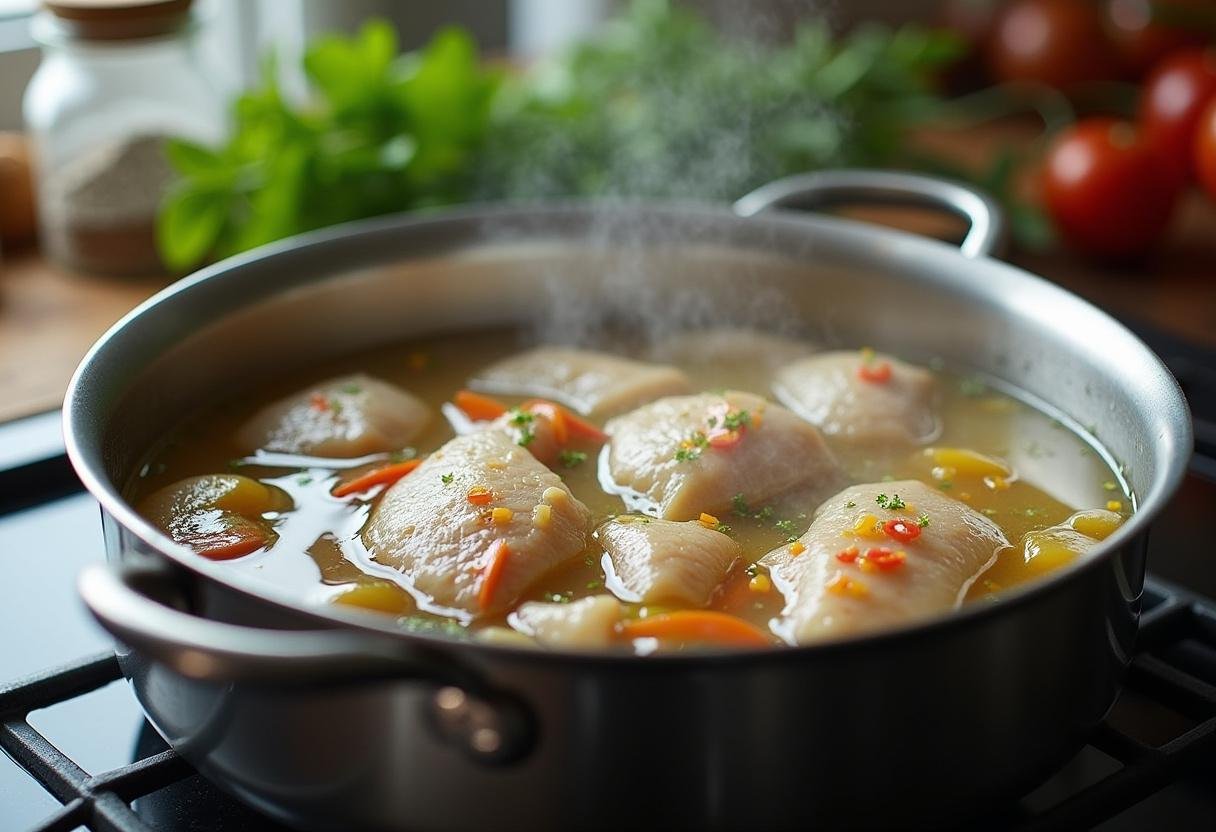 Agua hirviendo lista para cocinar bacalao desalado con hierbas y especias para un buen sabor.