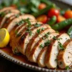Plato de contramuslo de pollo asado servido con verduras, ideal para compartir.