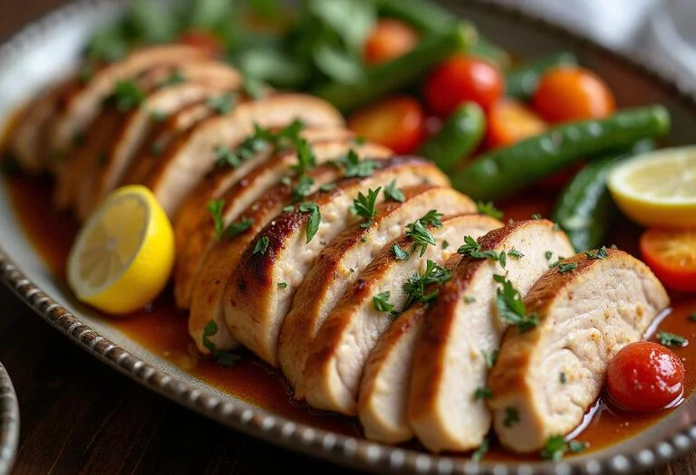Plato de contramuslo de pollo asado servido con verduras, ideal para compartir.