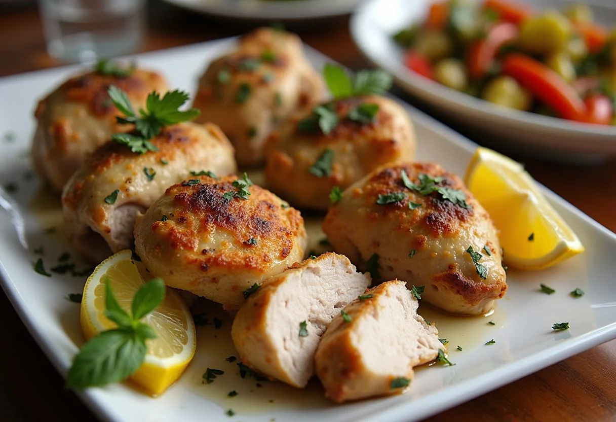 Plato de contramuslo de pollo asado servido con verduras, ideal para compartir.