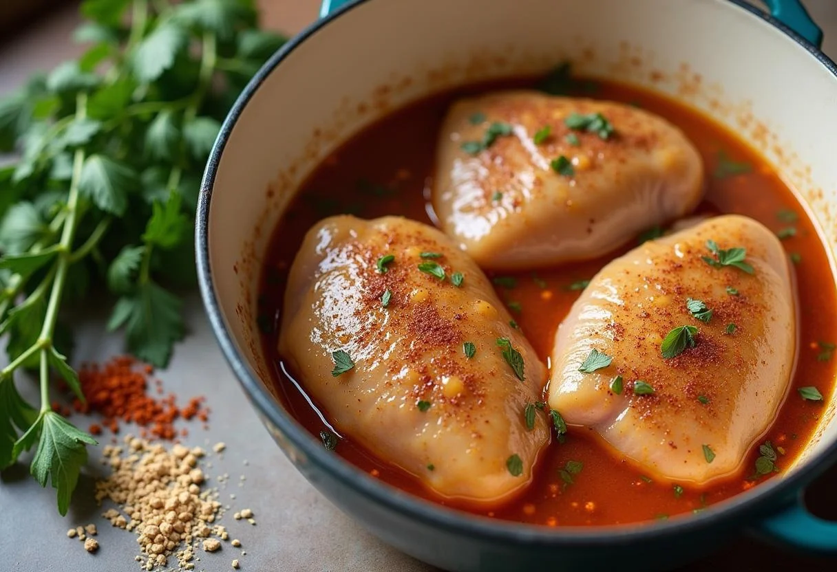 Contramuslo de pollo marinado con hierbas y especias para asado.