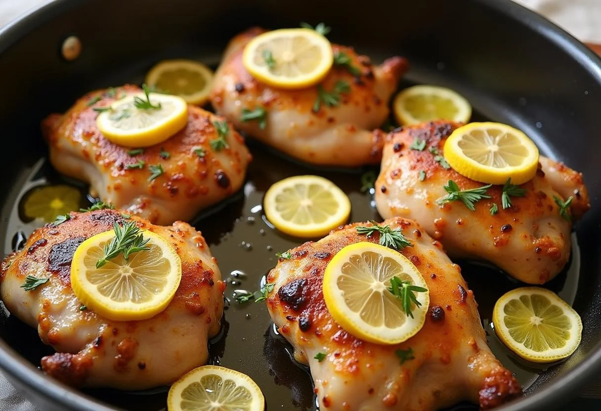 Contramuslo de pollo listo para asar en una bandeja con ajo y limón.