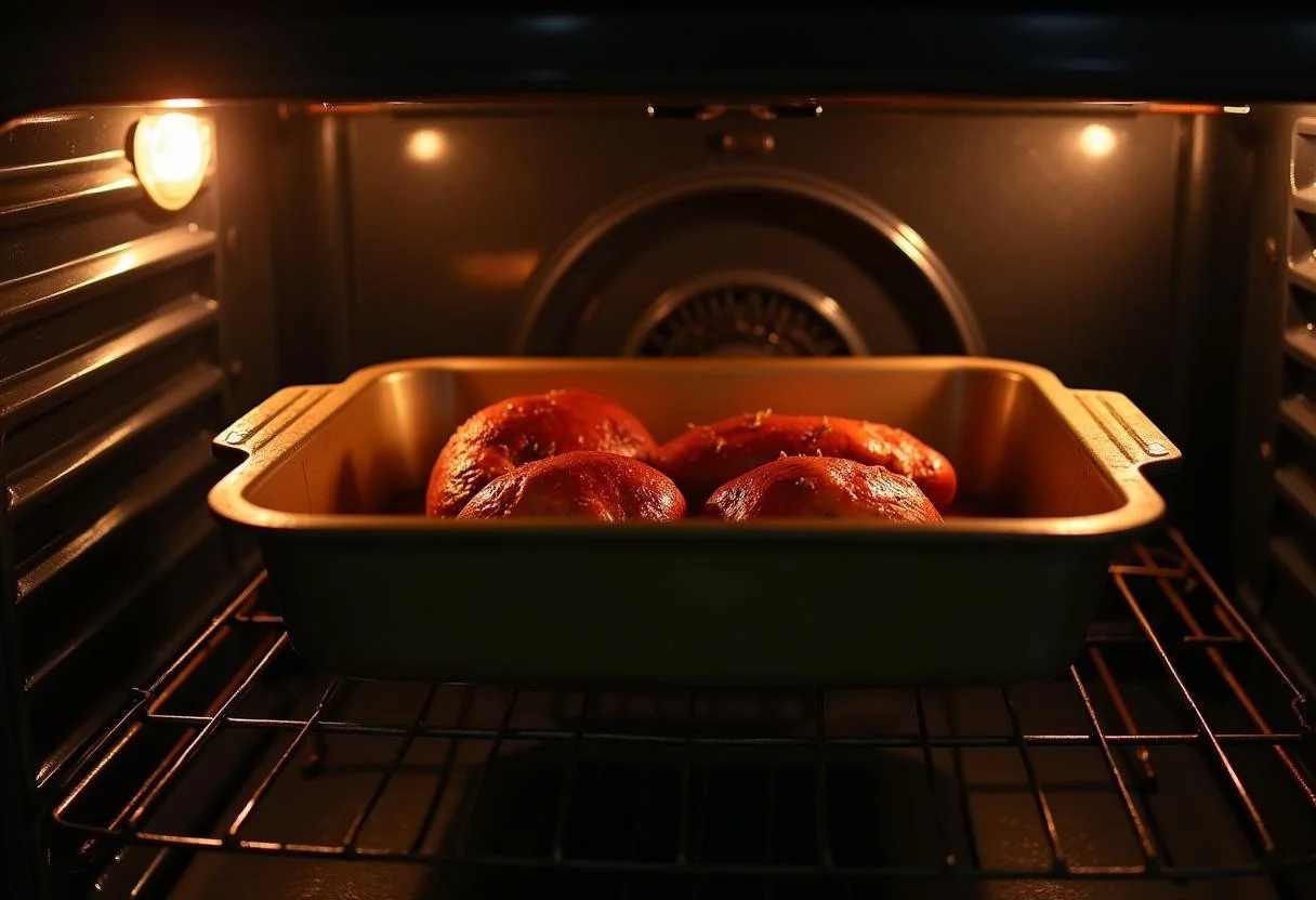 Contramuslo de pollo siendo colocado en el horno para asarse perfectamente.