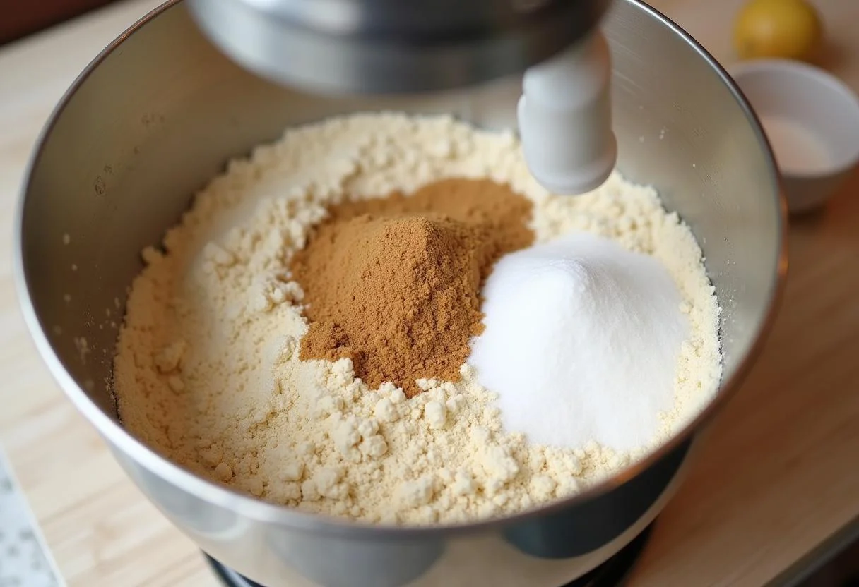 Ingredientes para masa de galletas en un tazón, preparando masa de galletas casera.