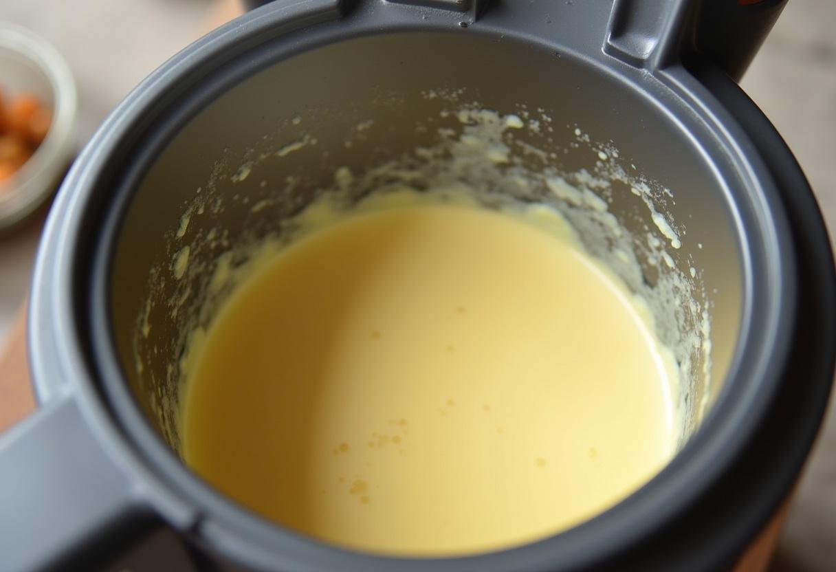 Mezclando ingredientes para crema catalana en una Thermomix para una textura suave.