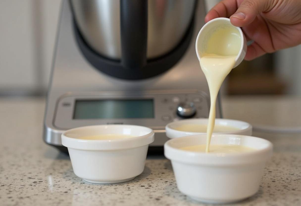 Crema vertiéndose en moldes para crema catalana Thermomix.