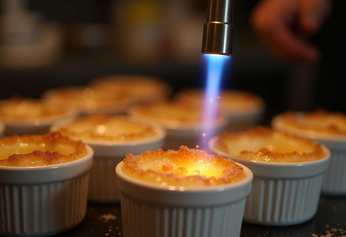 Caramelizando azúcar en moldes de crema catalana para un topping crujiente.