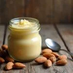 Finished crema de almendras jar in a rustic setting, ideal for cooking or spreading.
