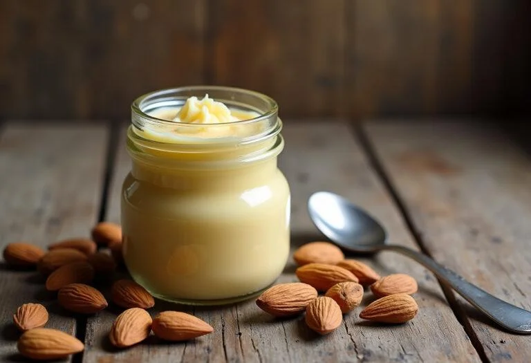Finished crema de almendras jar in a rustic setting, ideal for cooking or spreading.