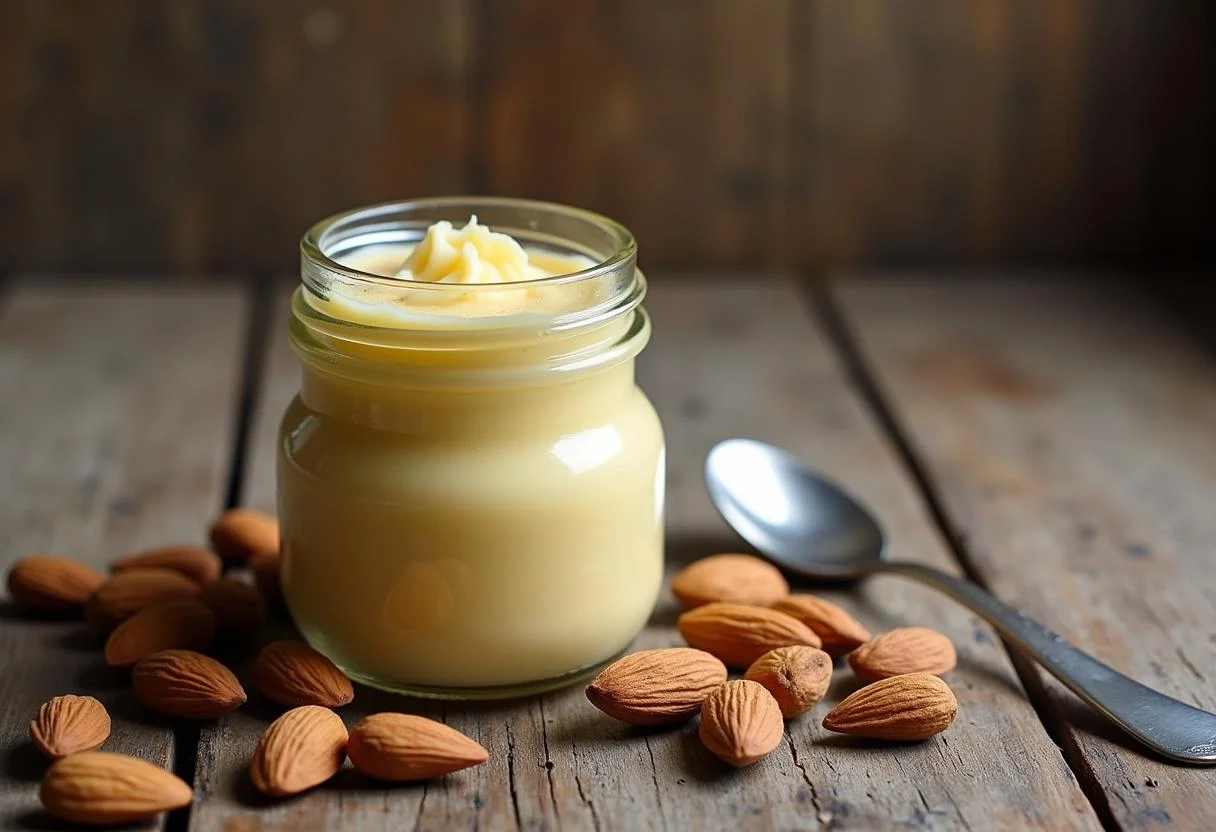 Finished crema de almendras jar in a rustic setting, ideal for cooking or spreading.