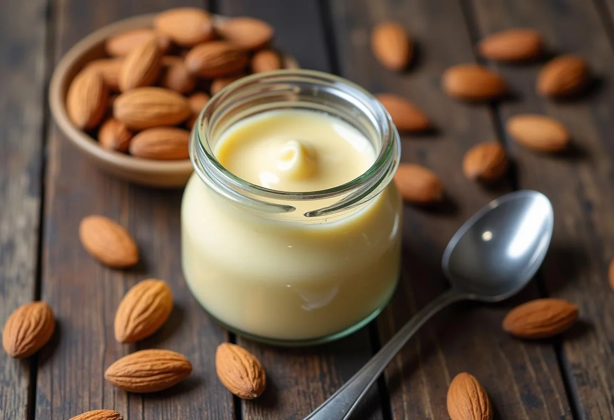 Finished crema de almendras jar in a rustic setting, ideal for cooking or spreading.
